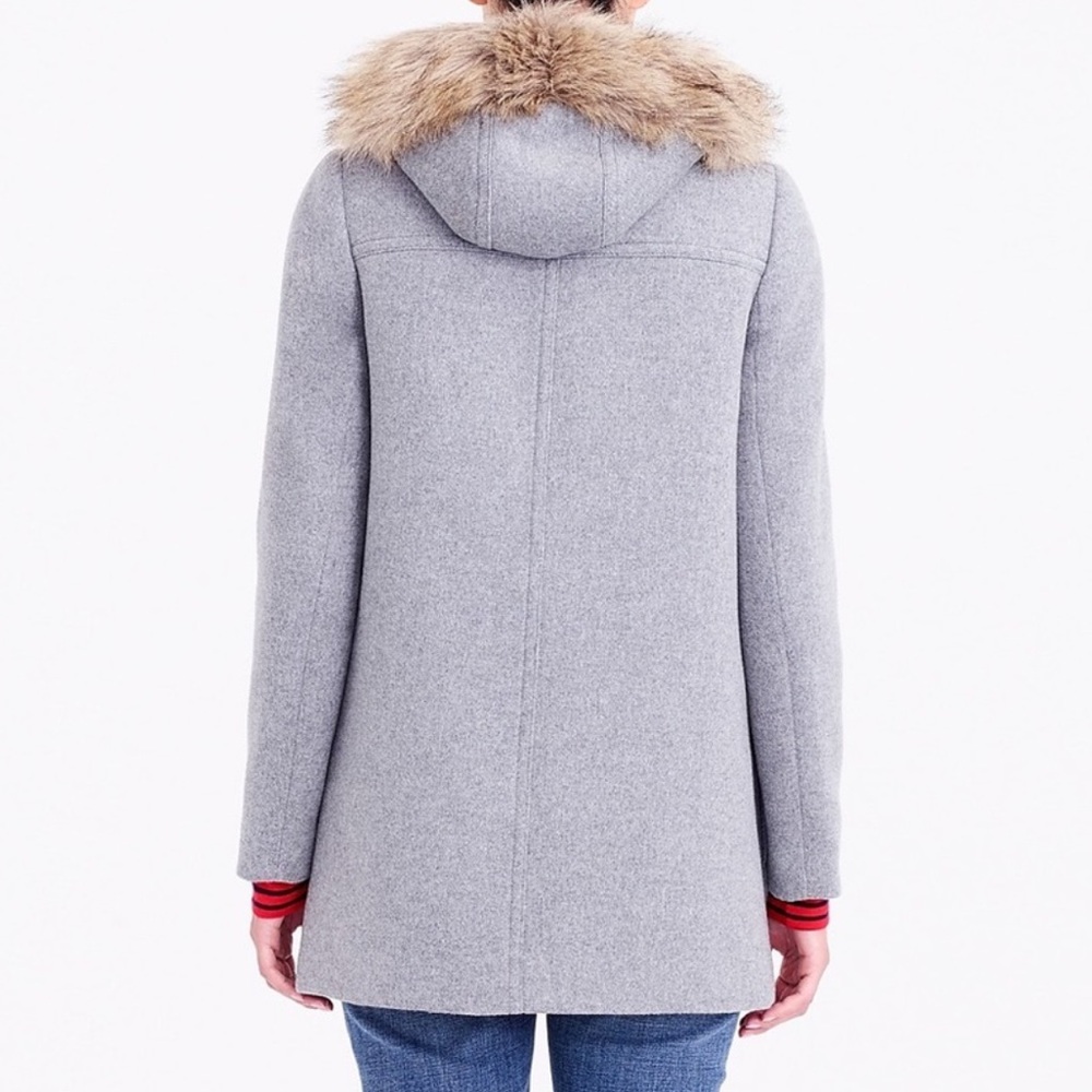 J. Crew Light Gray Wool-Blend Trench Coat with Faux-Fur Hood - Picture 2 of 5